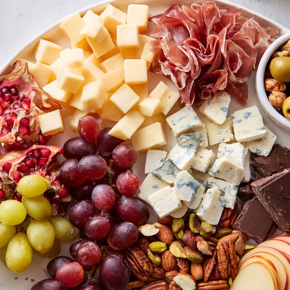 A Winter Wonderland Grazing Tray overflowing with colorful cheeses, meats, fruits, and treats for the holidays.