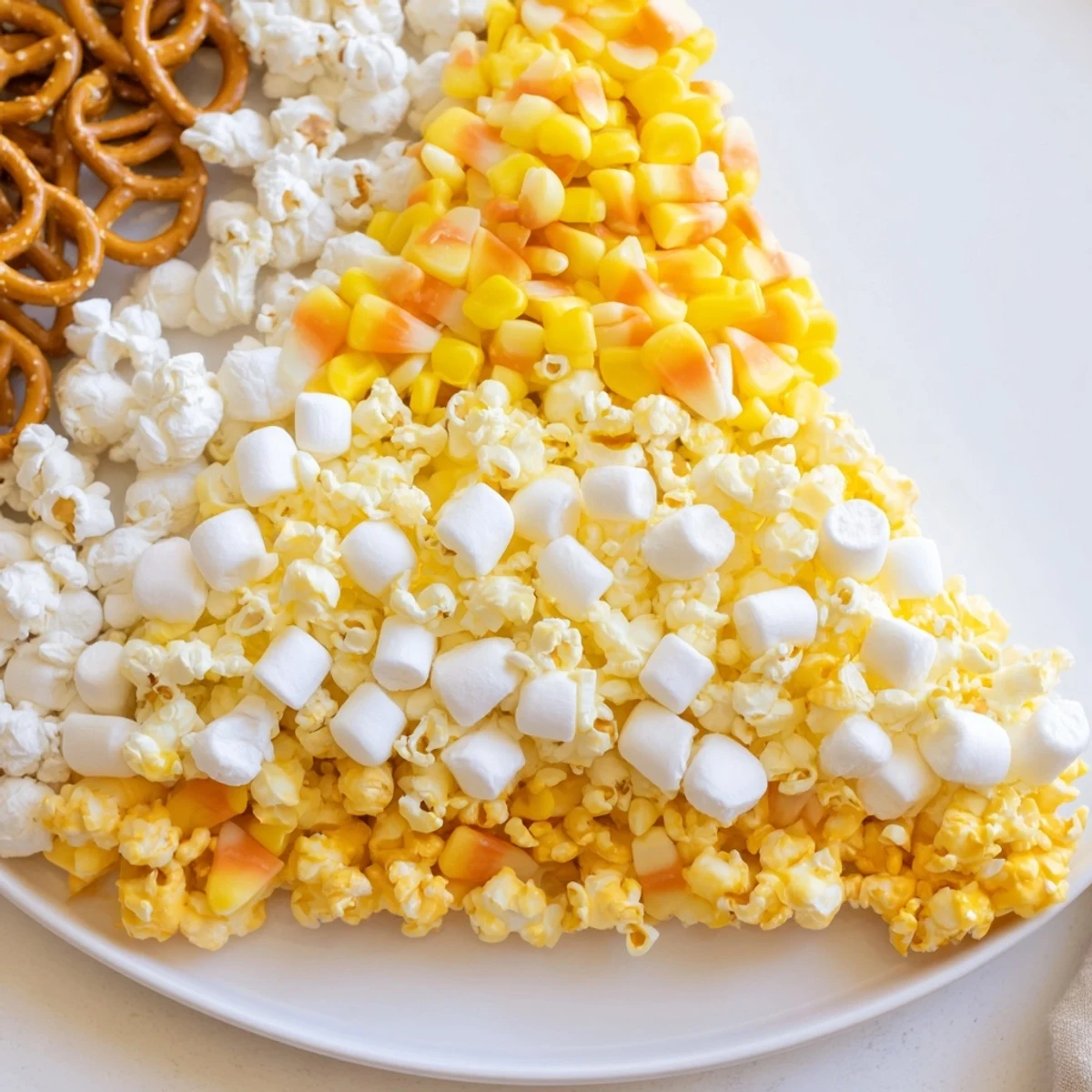 A vibrant Candy Corn Spooky Board filled with colorful Halloween sweets and savory snacks.