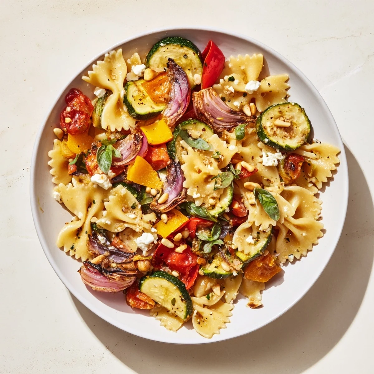 Festive bow tie pasta platter: A colorful medley of roasted vegetables and pasta, perfect for sharing.