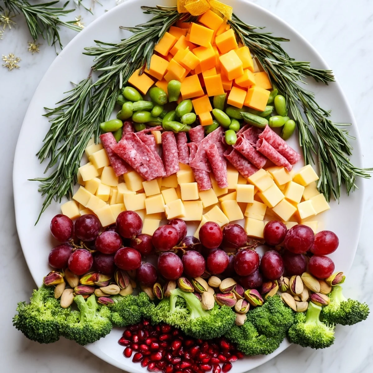 Festive Evergreen Tree Snack Board arrayed with colorful cheeses, charcuterie, fruits, and crackers.