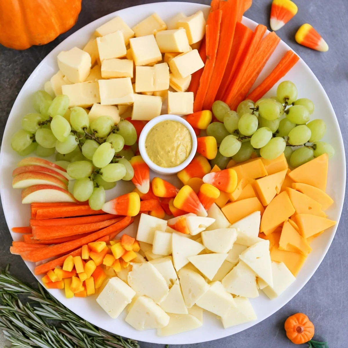 Pumpkin Patch Snack Board with colorful fruits, cheeses, and dips, perfect for sharing at fall events.