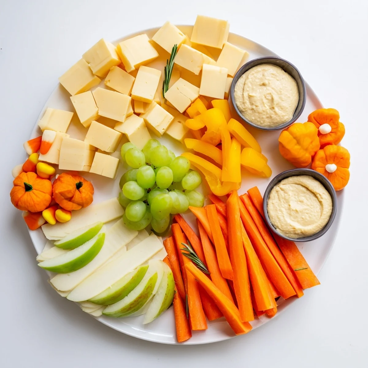 Beautifully arranged Pumpkin Patch Snack Board includes brie, cheddar, and gouda with seasonal treats ready to serve.