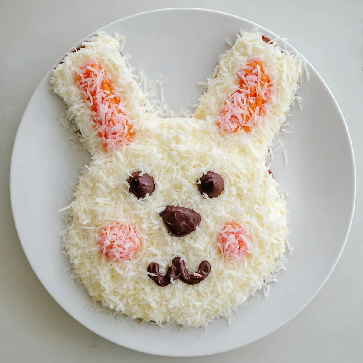 A festive spring bunny carrot cake, frosted with cream cheese, perfect for a spring party.