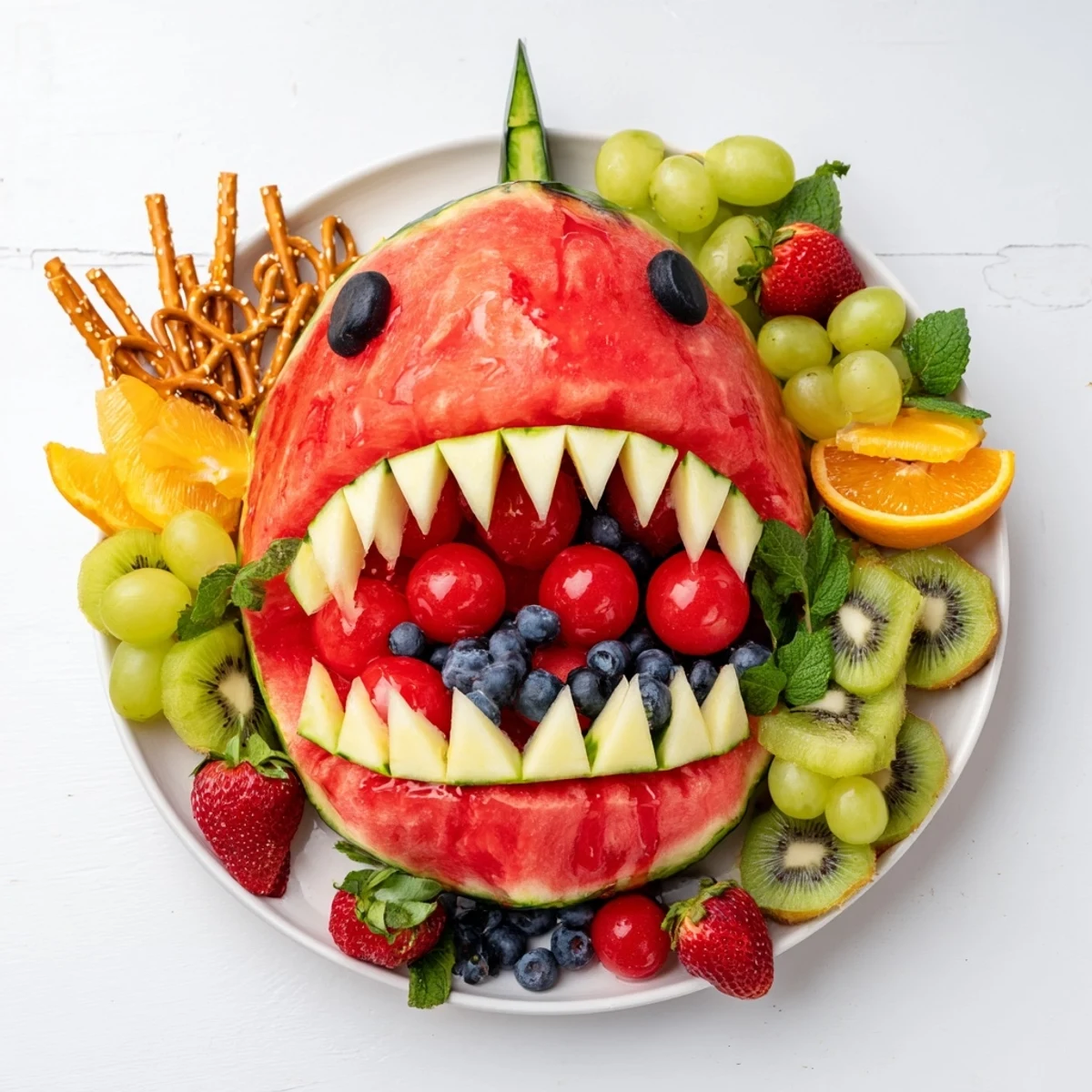 A vibrant Watermelon Wave Shark Snack Board overflowing with juicy fruits and crunchy snacks.