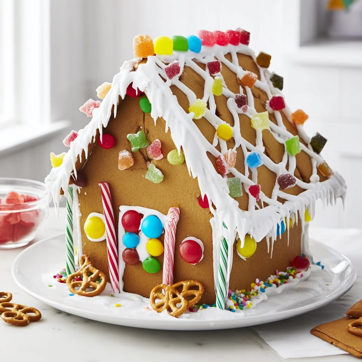 Homemade gingerbread house kit, ready to decorate, includes gingerbread walls, icing, and colorful candies.