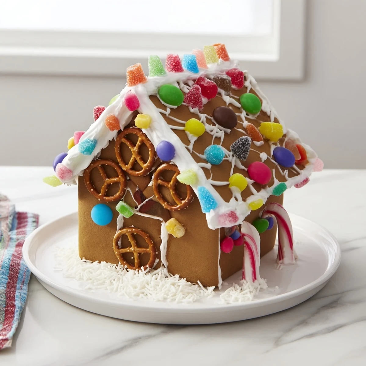 Gingerbread house decorating kit: a festive display of gingerbread panels, candies, and icing ready to create.