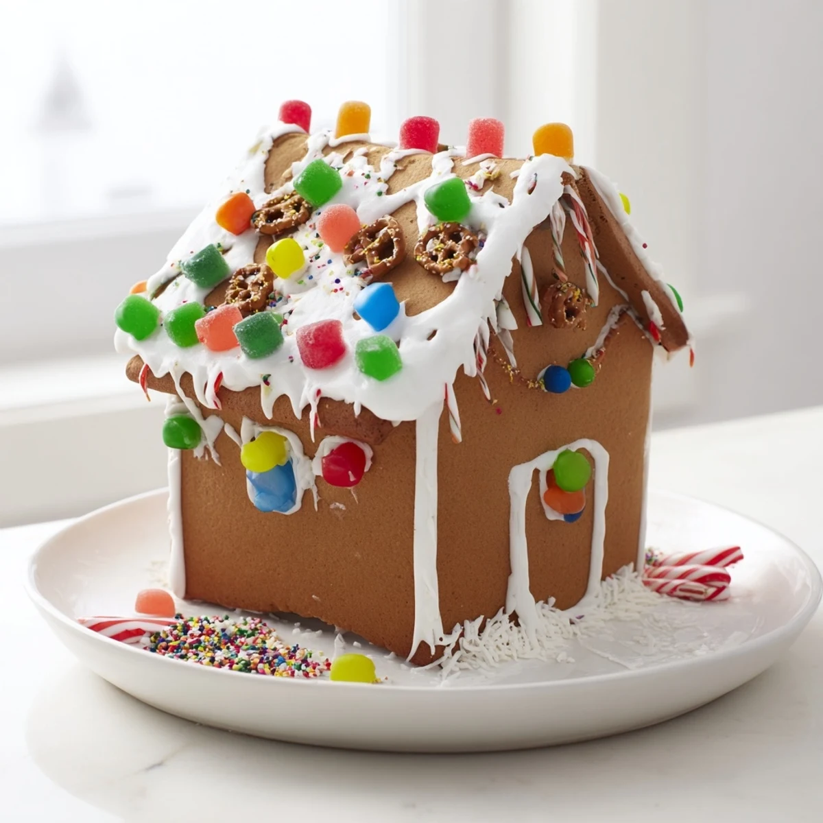 Vivid image of a gingerbread house kit: ingredients arranged for making and decorating a delicious holiday treat.