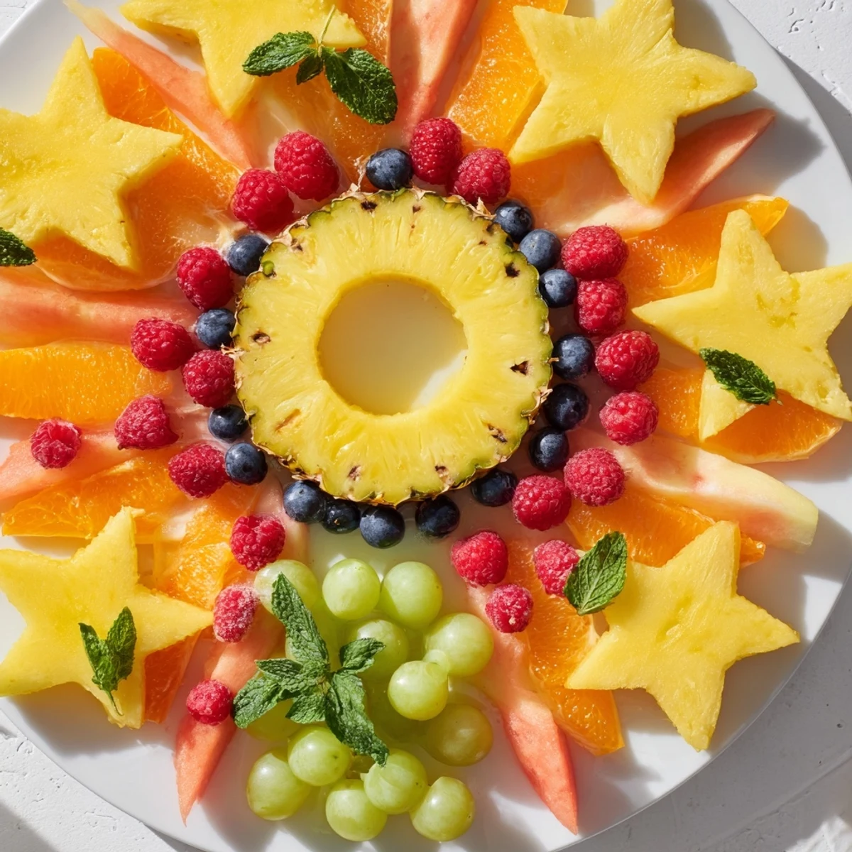 Vibrant Summer Rays Sun-Shaped Fruit Tray, bursting with colorful mangoes, oranges, and watermelon stars, perfect for sharing.