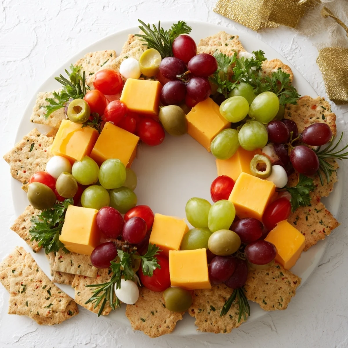 Jingle Bell Cheese & Cracker Wreath with vibrant green grapes and fresh herbs perfect for a holiday party.