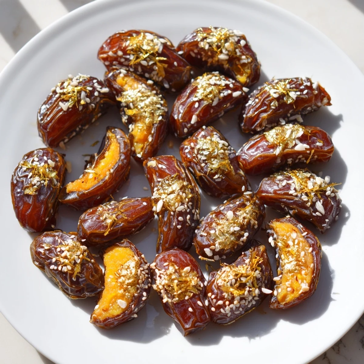 Lunar and Star Date Platter, glistening with honey and sesame, showcasing intricate moon and star shapes.