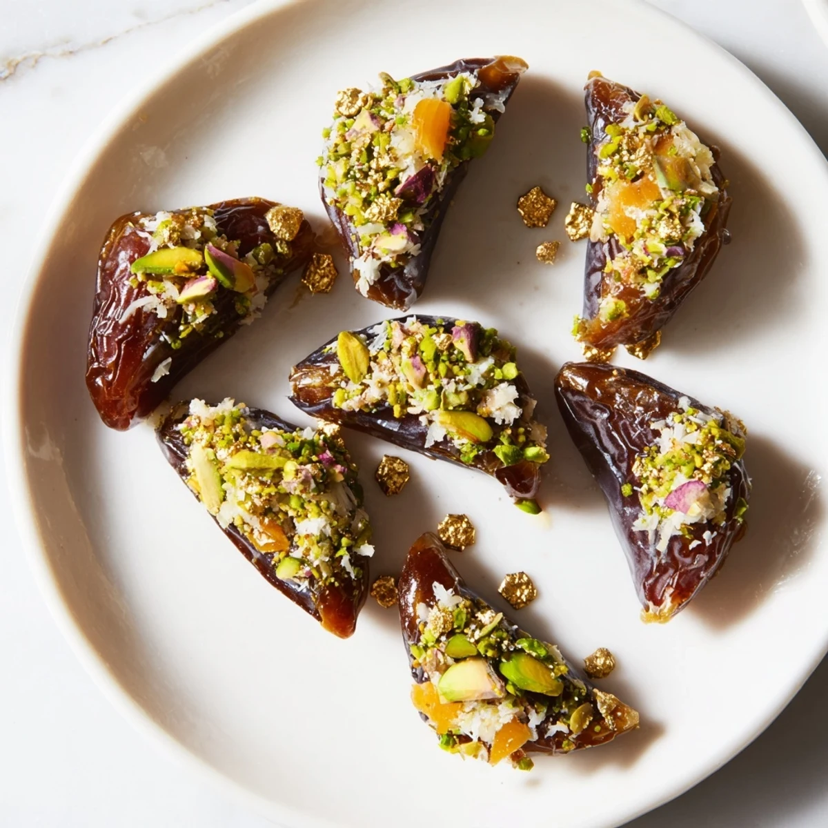 Golden edible leaf adorns a Lunar and Star Date Platter filled with creamy nut filling and sweet dates.