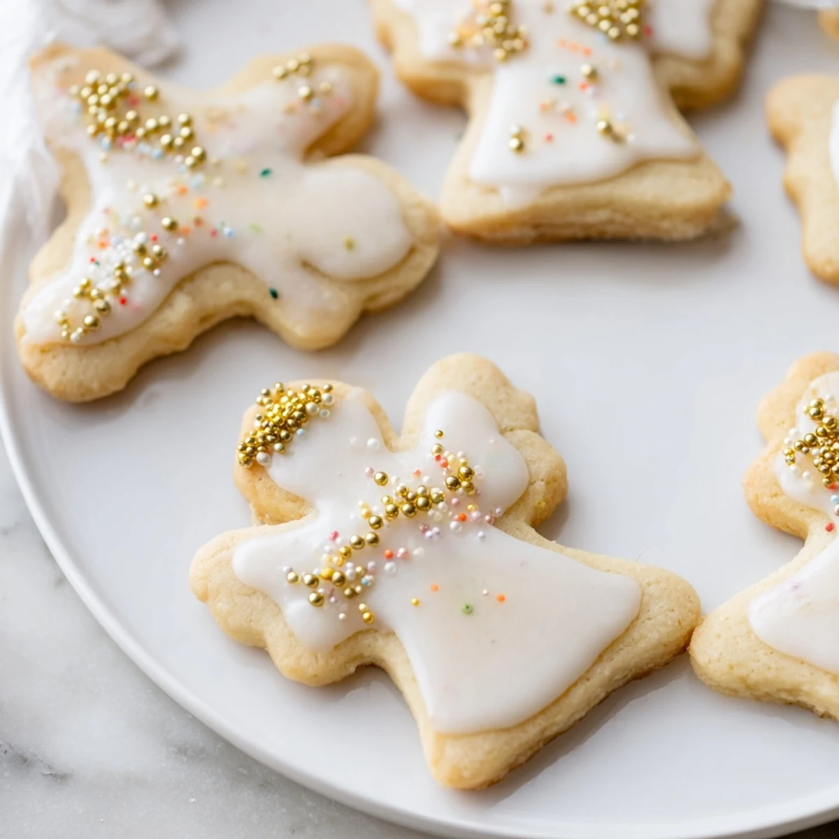 Golden-edged Biscuits Anges de Noël, angel-shaped cookies, dusted with icing sugar for the holidays.