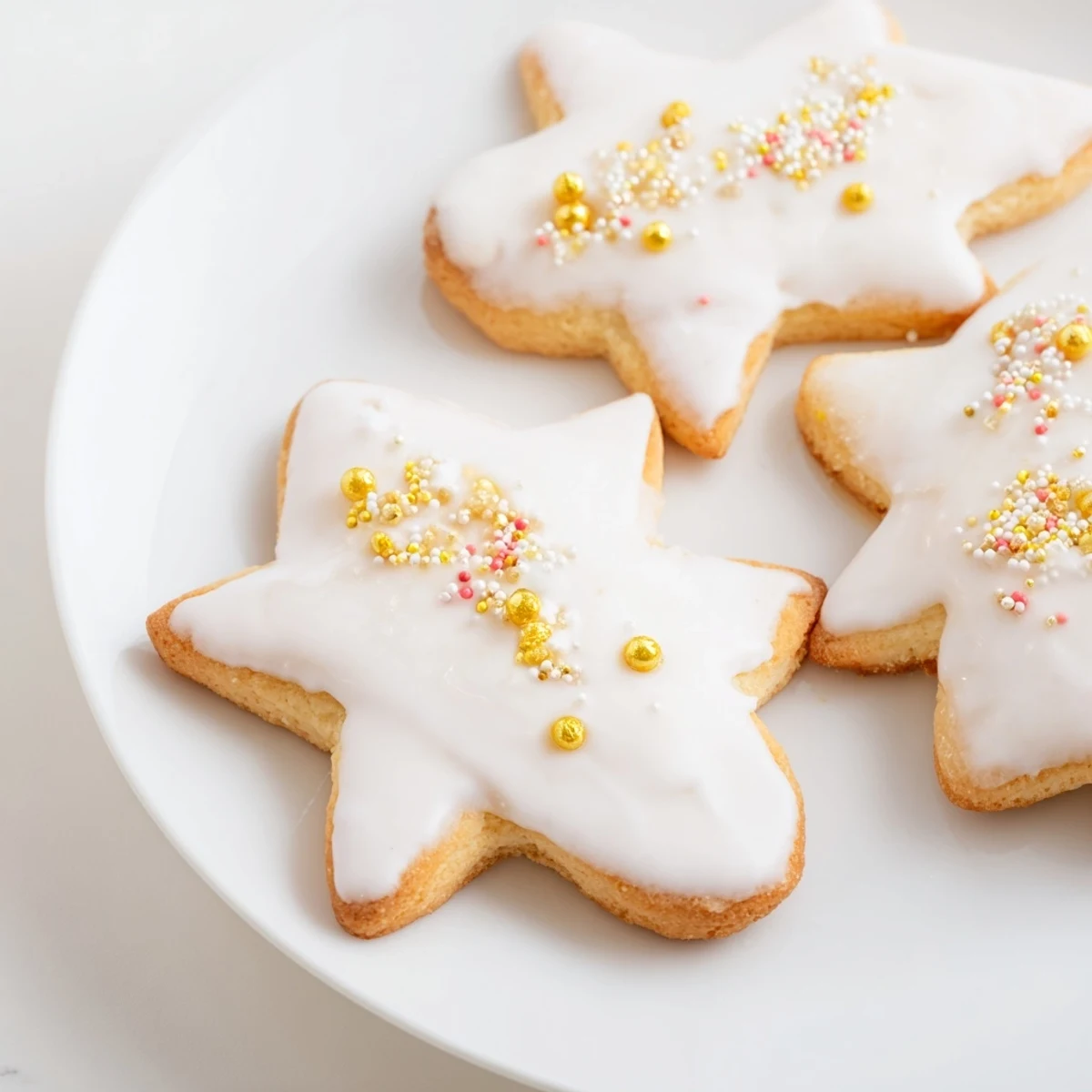 Buttery Biscuits Anges de Noël, lightly golden, adorned with edible pearls, ready to be enjoyed.