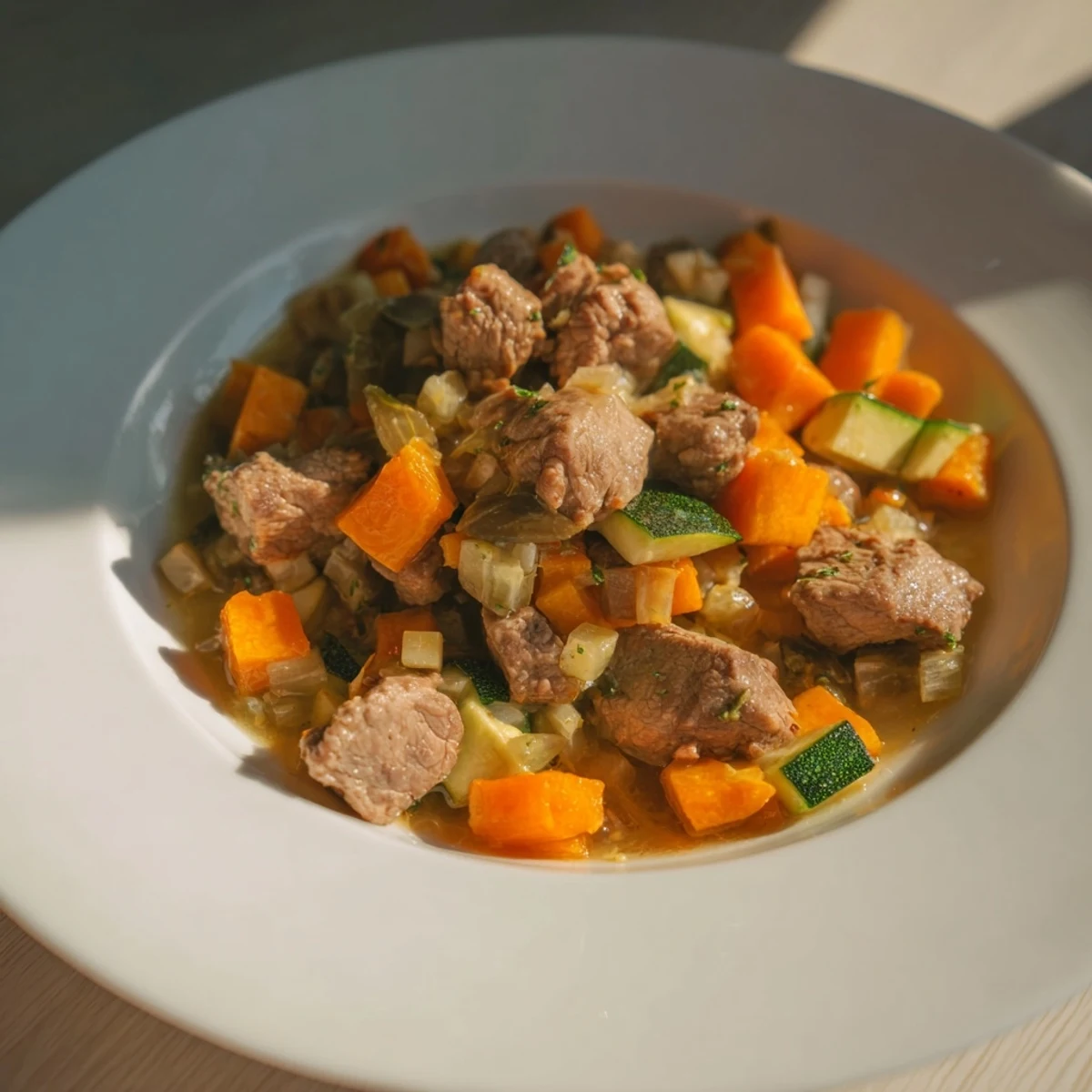 Tender, flavorful sweet lamb platter, perfect for a baby's party, served with soft vegetables.