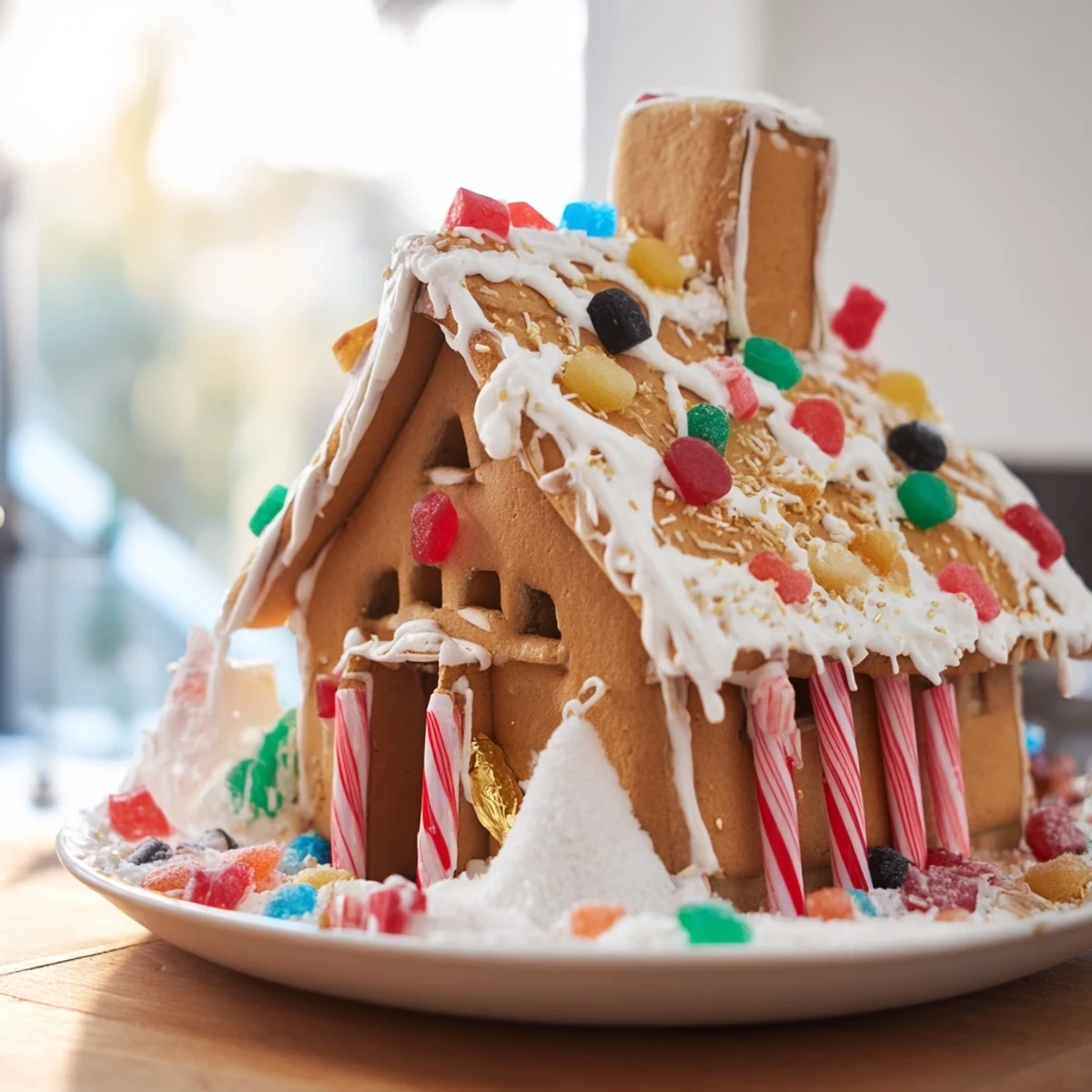 Festively decorated gingerbread house, a delicious and charming holiday treat for everyone.