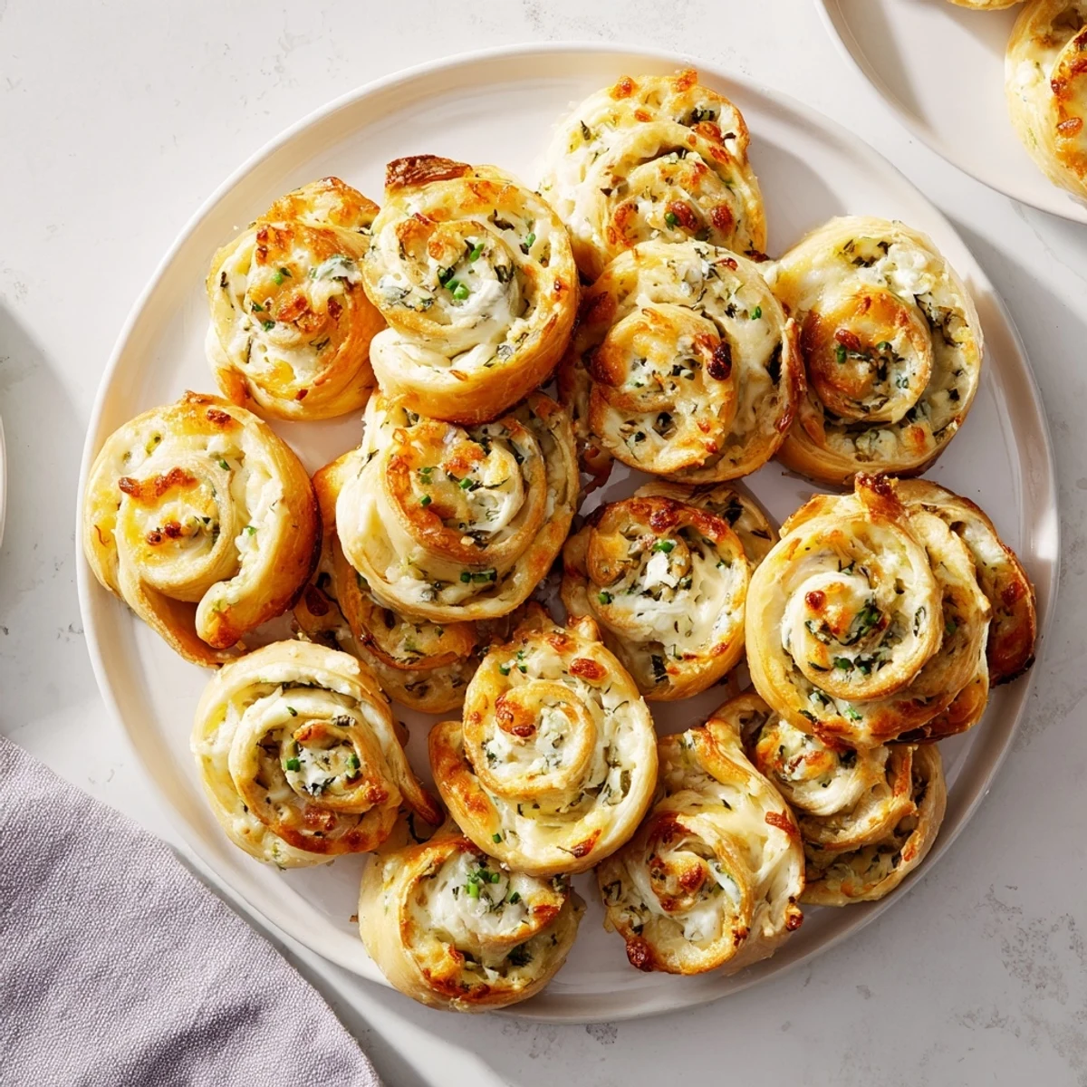 Close-up of baked Cercles dHôtes Couronne de Rouleaux, showing the herbed cheese filling oozing out.
