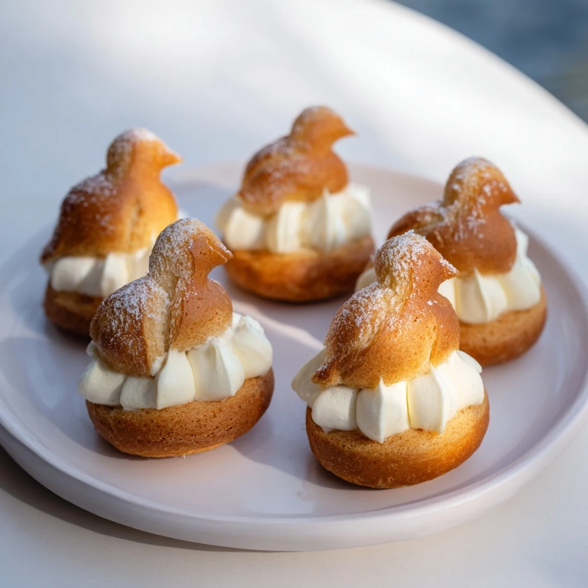 Delicate Elegant Swan Mini Pastries, golden-brown, filled with vanilla cream and dusted with powdered sugar.