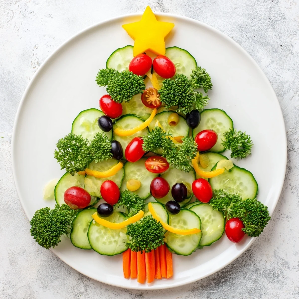 Festive Tree Cucumber Tomato Platter with vibrant tomatoes and cucumbers arranged for a holiday appetizer.