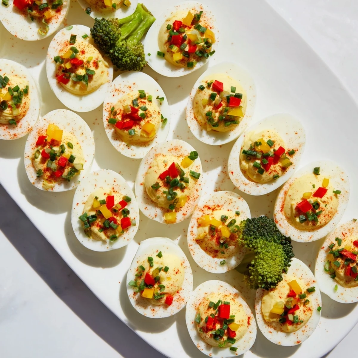 Christmas Tree Deviled Eggs Platter with vibrant peppers and dill sprigs, ready to eat.