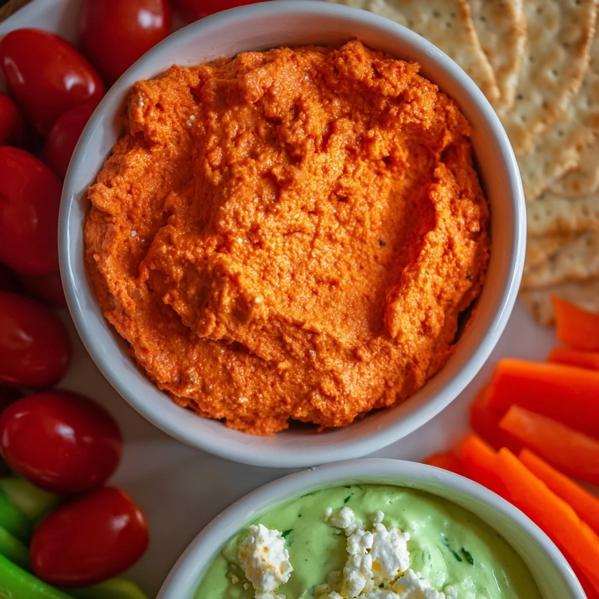 Festive Dip Duo Board: A colorful assortment with creamy red pepper dip and vibrant green goddess dip, perfect for holiday gatherings.