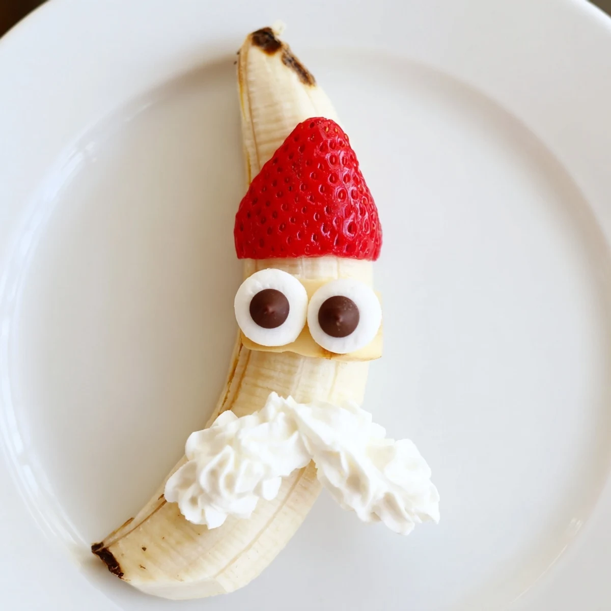 Vibrant Banana Strawberry Santa Skewers, a festive appetizer featuring fresh fruit and sweet frosting accents.