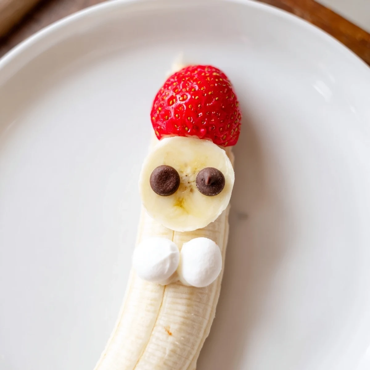 Homemade Banana Strawberry Santa Skewers offer a delightful snack, showcasing Santa's face with chocolate eyes and marshmallow hats.