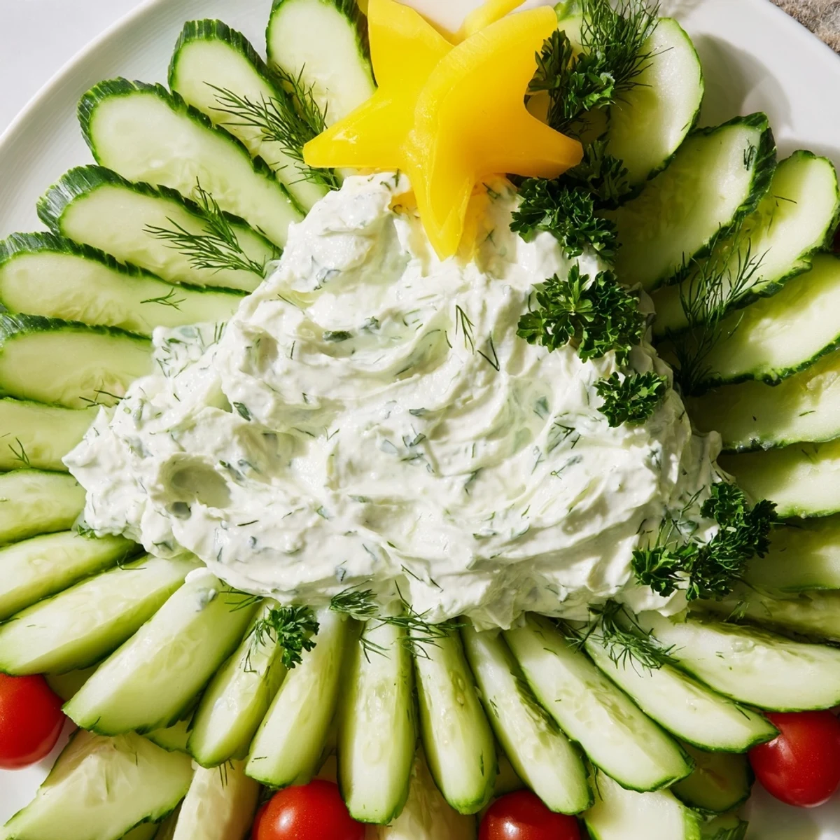 Festive cucumber and tomato tree dip platter with a creamy center, perfect for summer appetizers.