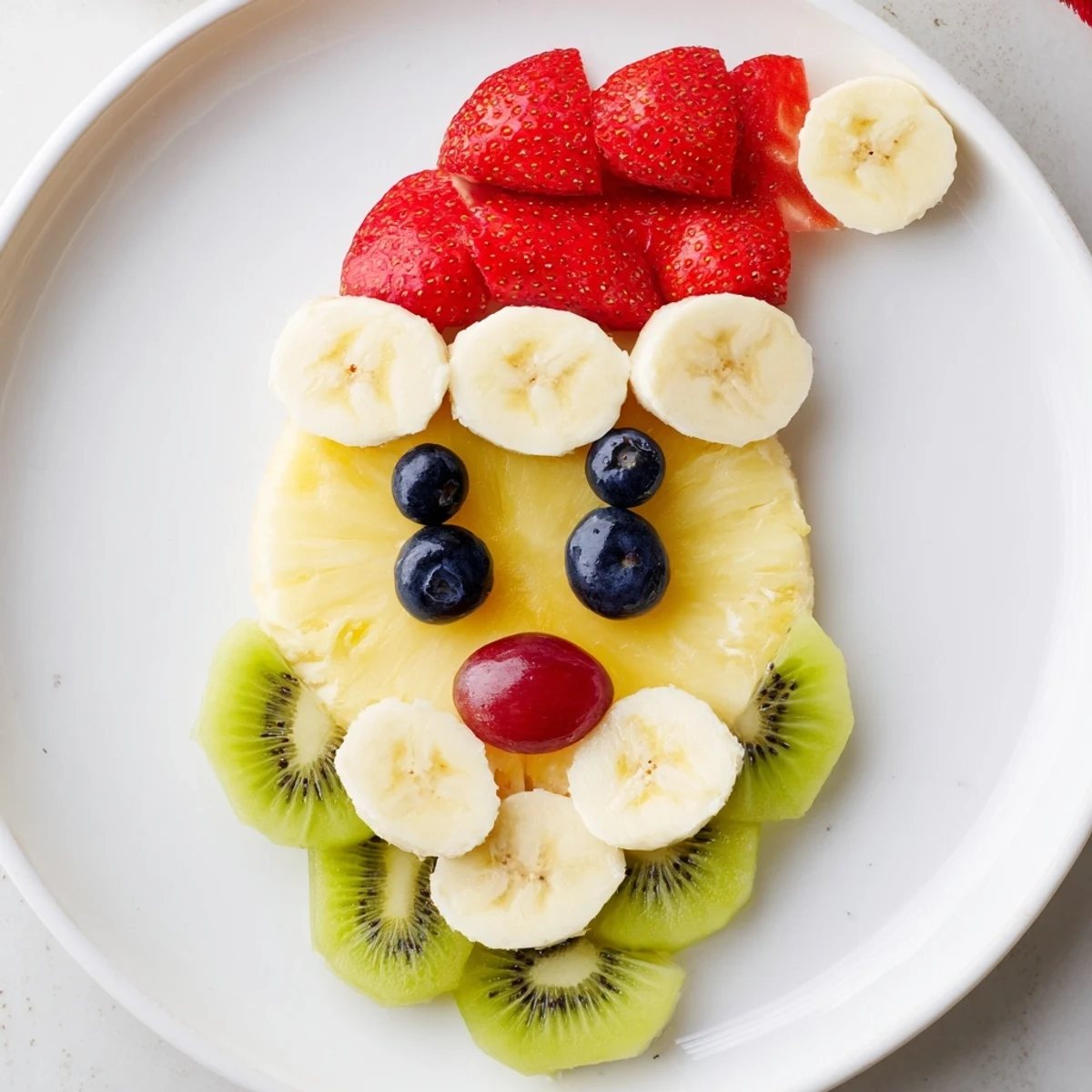 Vivid Santa Fruit Platter image: a smiling face made of banana and kiwi over a pineapple beard ready to serve.