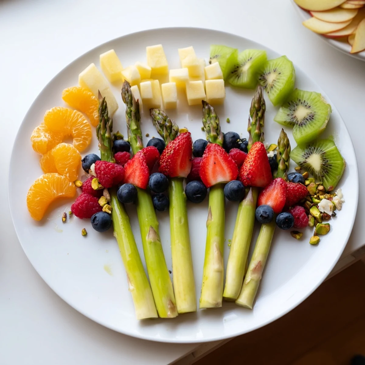 Fresh asparagus stems artistically arranged as a tree, surrounded by bright, colorful fruit on the board.