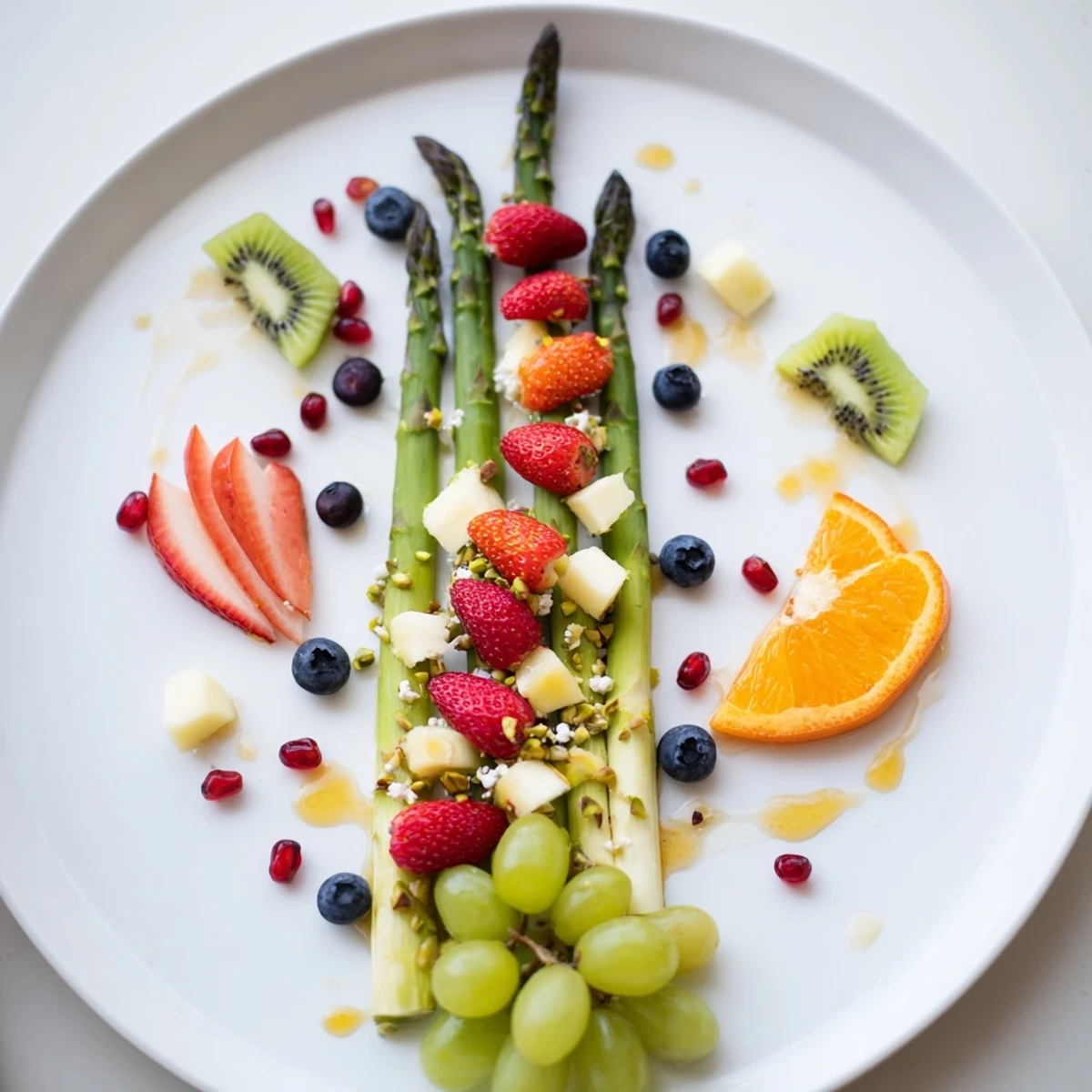 A stunning view of an Asparagus Stem Floral Fruit Board, showcasing vibrant fruit and crisp asparagus.