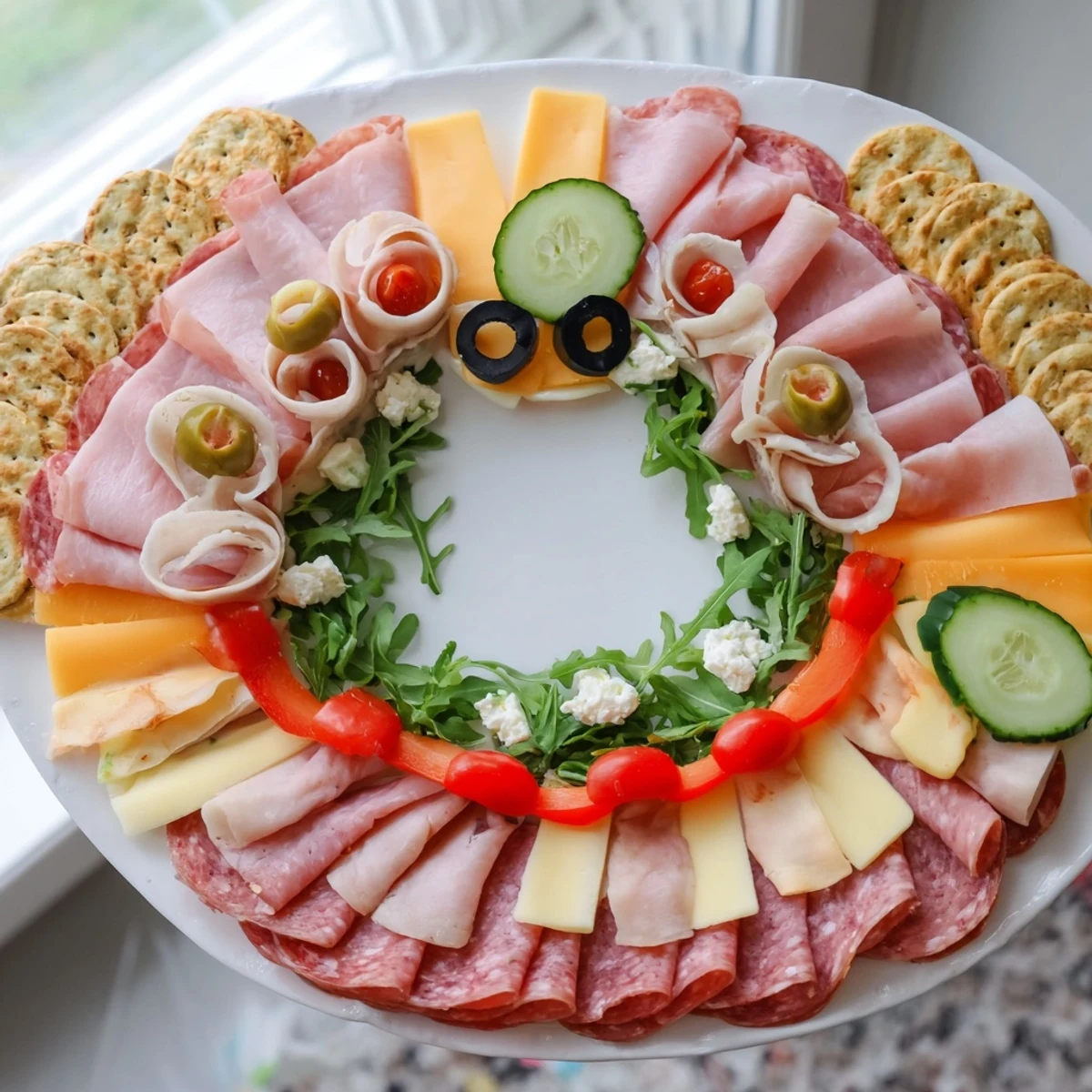 Gingerbread Man Savory Charcuterie: a festive appetizer boasting meats, cheeses and festive garnishes for holiday eating.