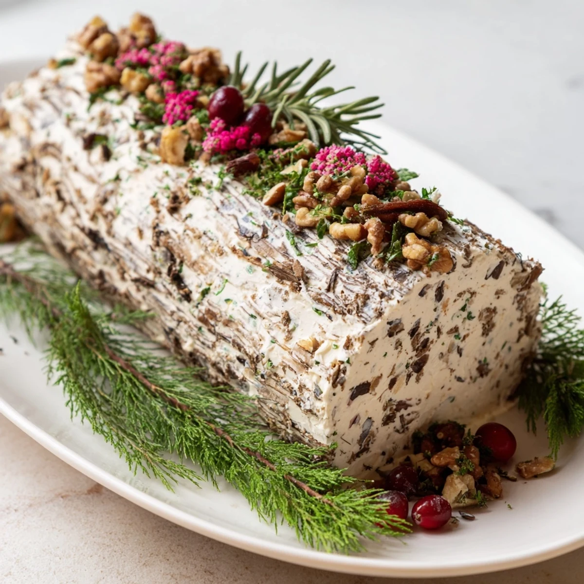 A festive Yuletide Log Cheese Centerpiece, a holiday appetizer with herb-crusted cheese and edible garnishes.