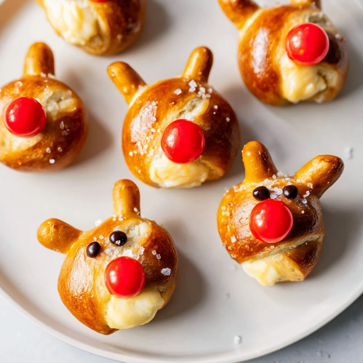 Golden brown Rudolfs Red Nose Pretzel Bites, filled with cheese and topped with festive red noses.