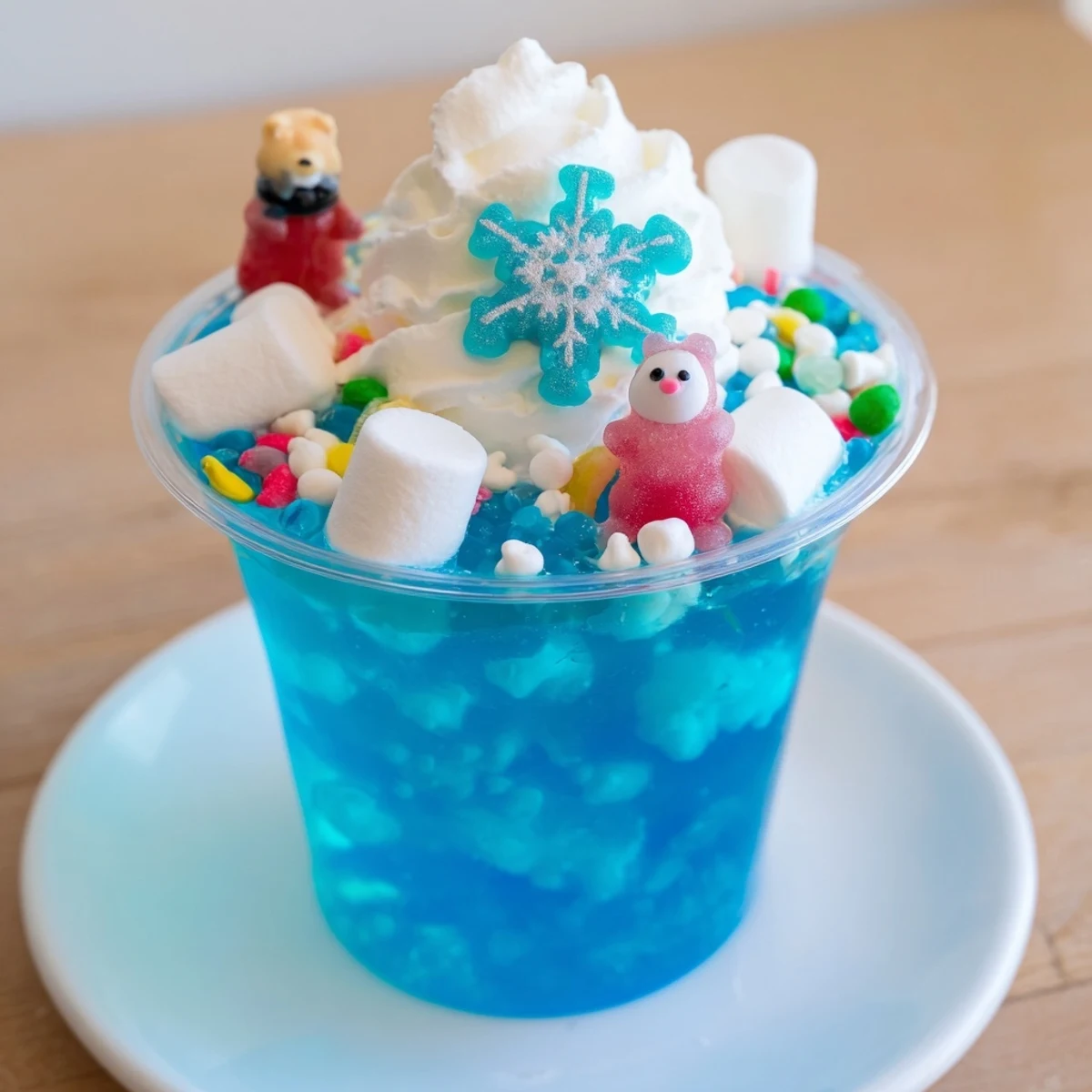 Vibrant blue snow globe Jello cups with playful marshmallows and candy, ideal holiday treats.