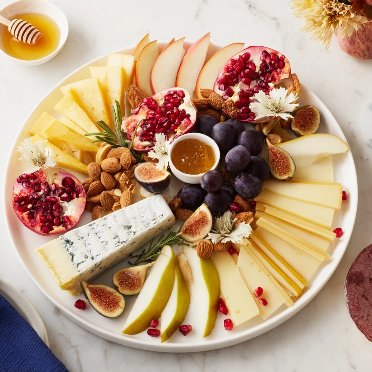 A beautiful Star of Bethlehem cheese platter, featuring assorted cheeses with vibrant fruits and crackers.