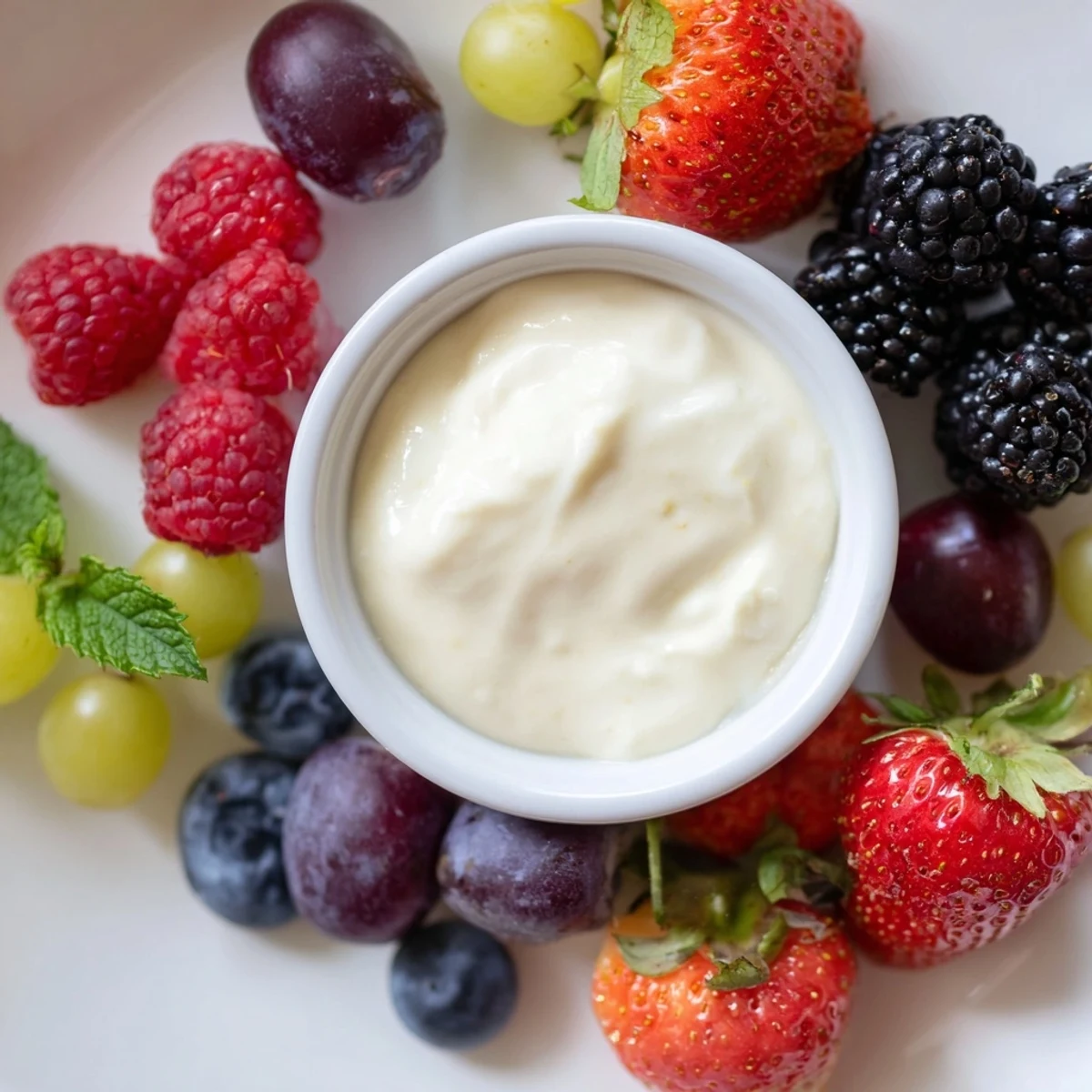 A stunning Mistletoe Kiss Berry Dip Board, full of red and green berries surrounding creamy dip.