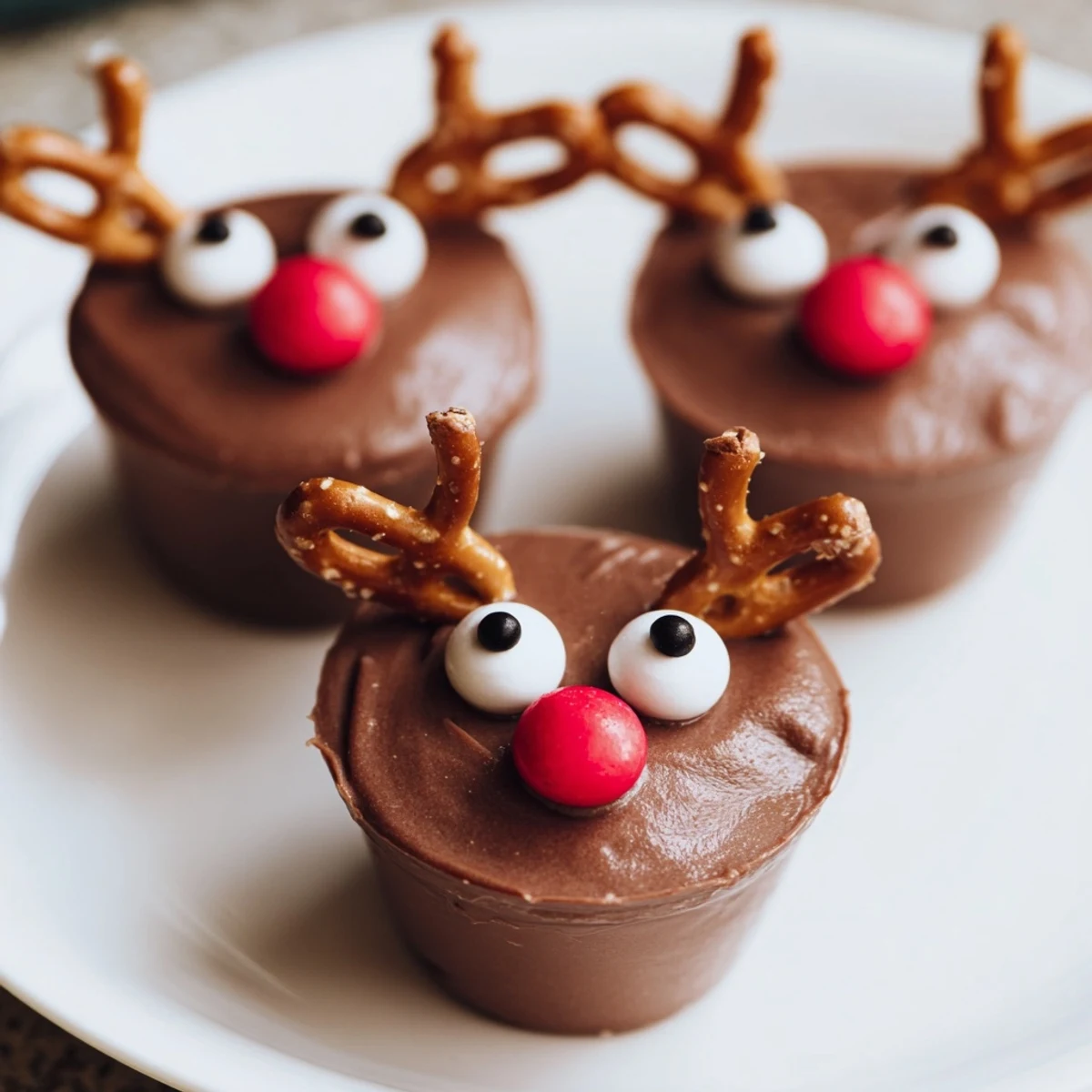 Chocolate reindeer pudding cups arranged on a festive board, a sweet holiday dessert ready to enjoy.