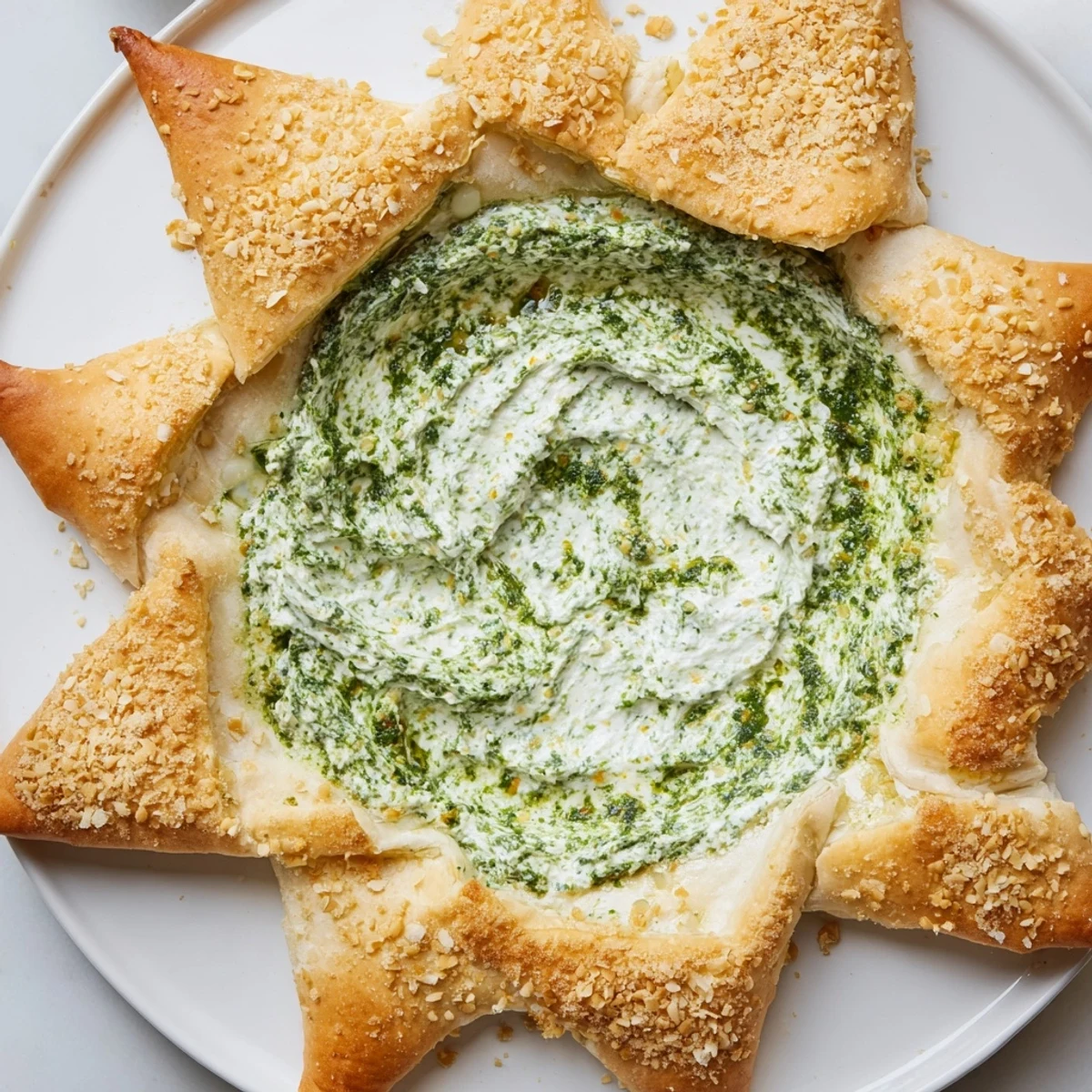 Star-Shaped Pesto Dip is festive, a creamy pesto center with a golden, flaky pastry edge.