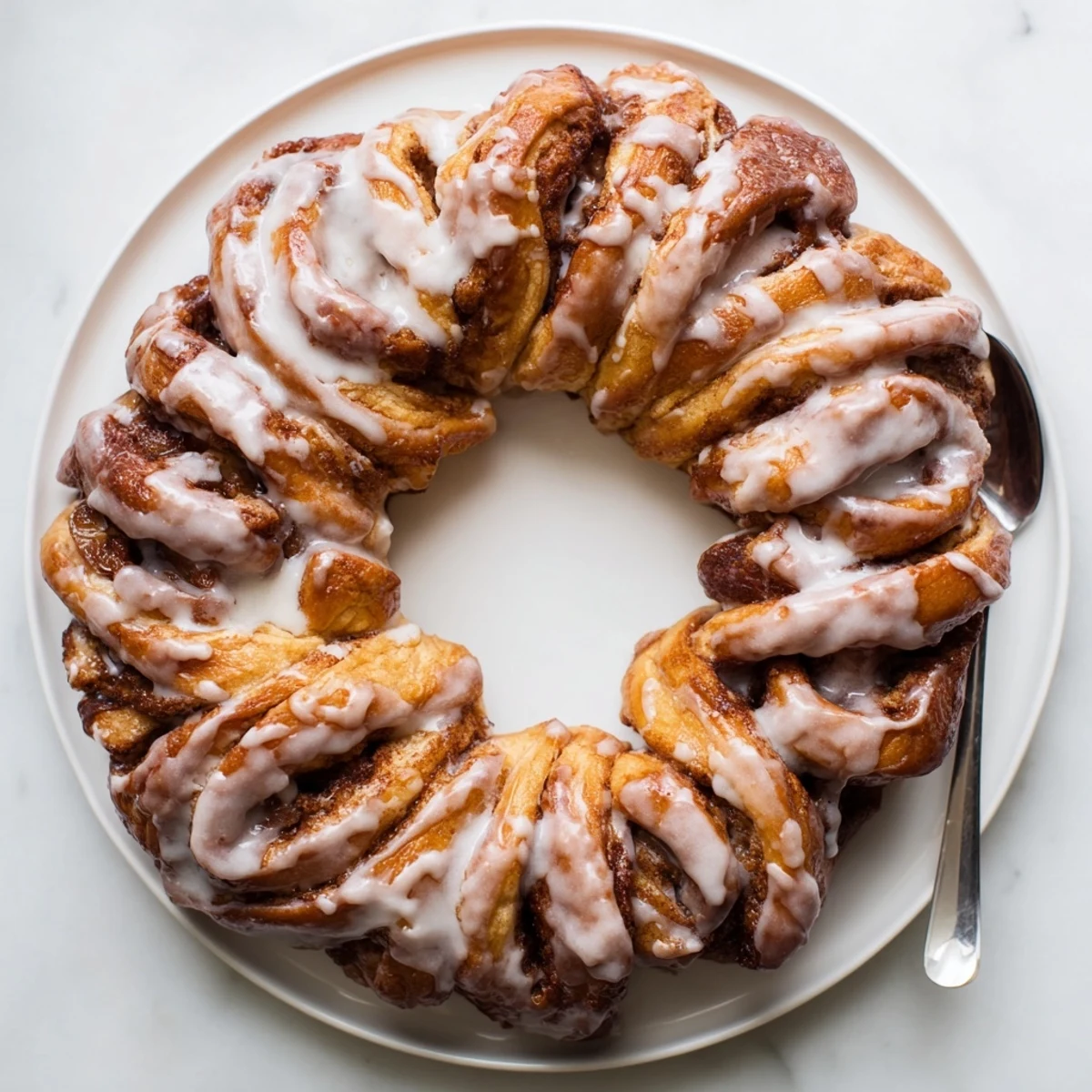 Delectable close-up of a freshly baked cinnamon roll pull-apart wreath, ideal for a sweet breakfast.