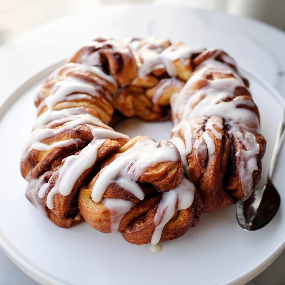Fluffy cinnamon roll pull-apart wreath, golden and glazed, perfect for sharing at a festive brunch.
