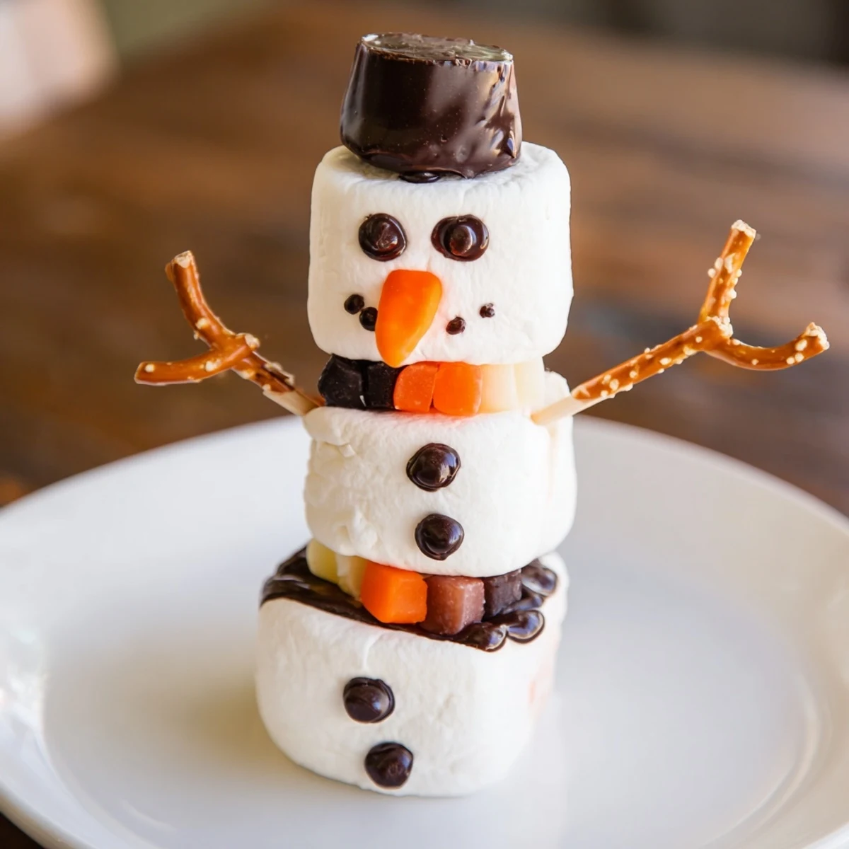 Marshmallow snowman stick arrangement, an adorable winter dessert with pretzel arms and chocolate faces.