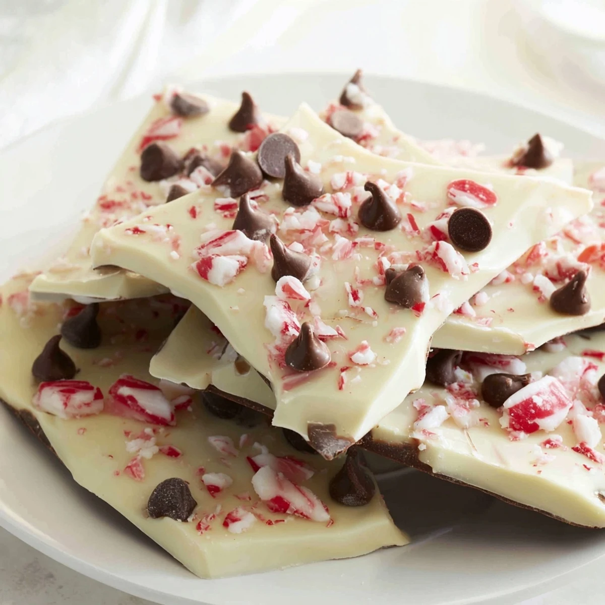 Rich, dark chocolate forms a base for these festive peppermint bark shards scattered across a wooden board.