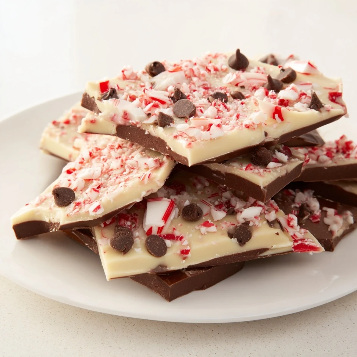 Crisp, refreshing peppermint bark shards with vibrant red candy crumbles, ready to share with friends.