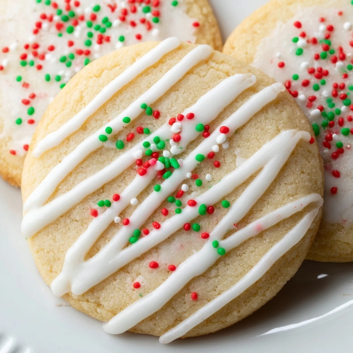 Golden, just-baked Holiday Cookies with Icing Drizzle, perfect dessert for the holidays, visually enticing.