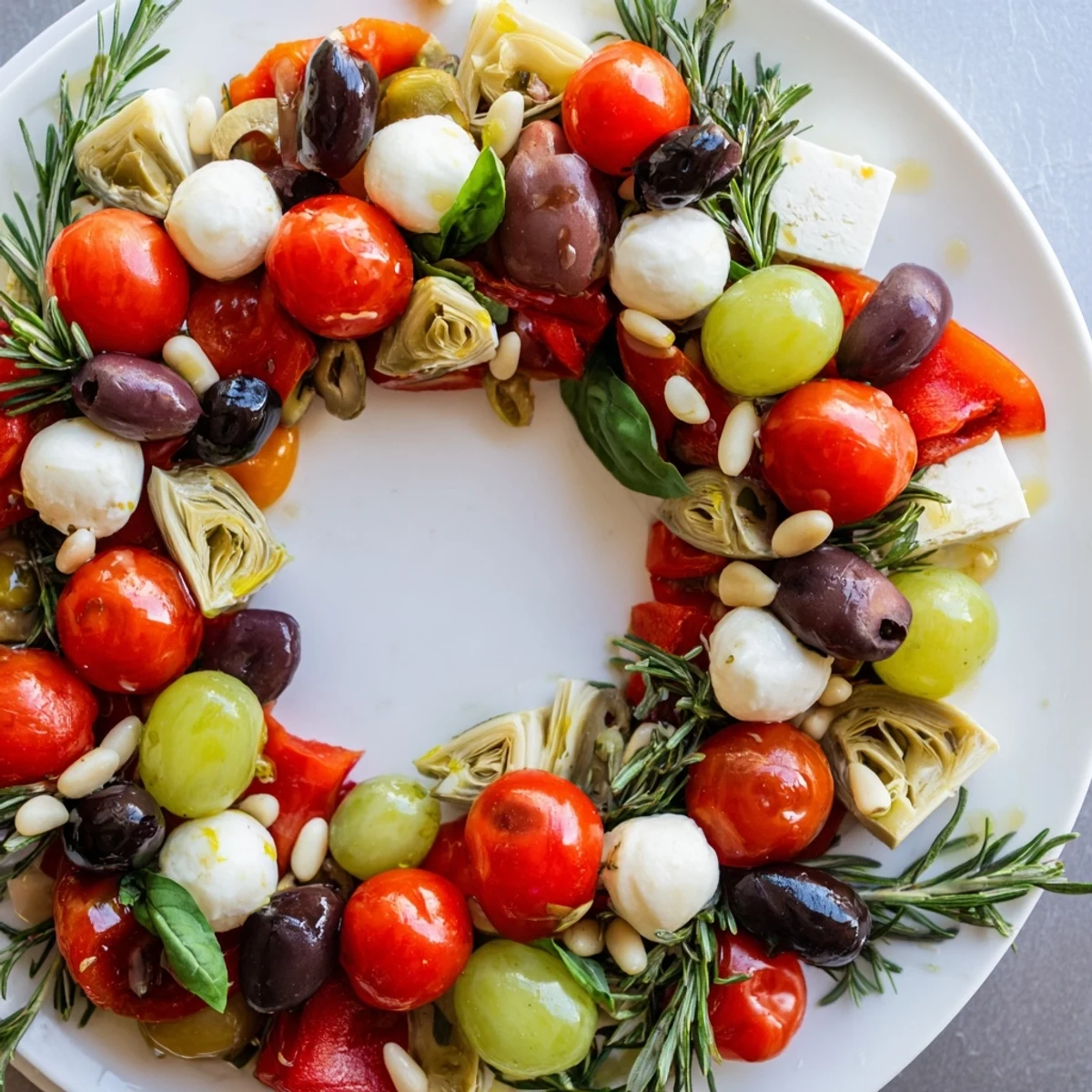 Vibrant Olive and Cherry Tomato Garland Board, bursting with fresh Mediterranean flavors, ideal for sharing.