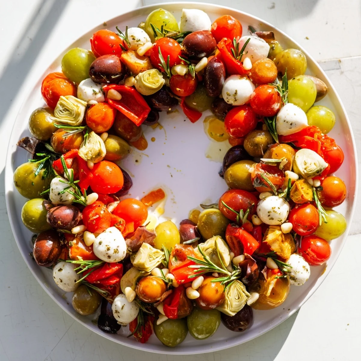 Mediterranean delight: This Olive and Cherry Tomato Garland Board displays a visually appealing, colorful, flavorful arrangement.