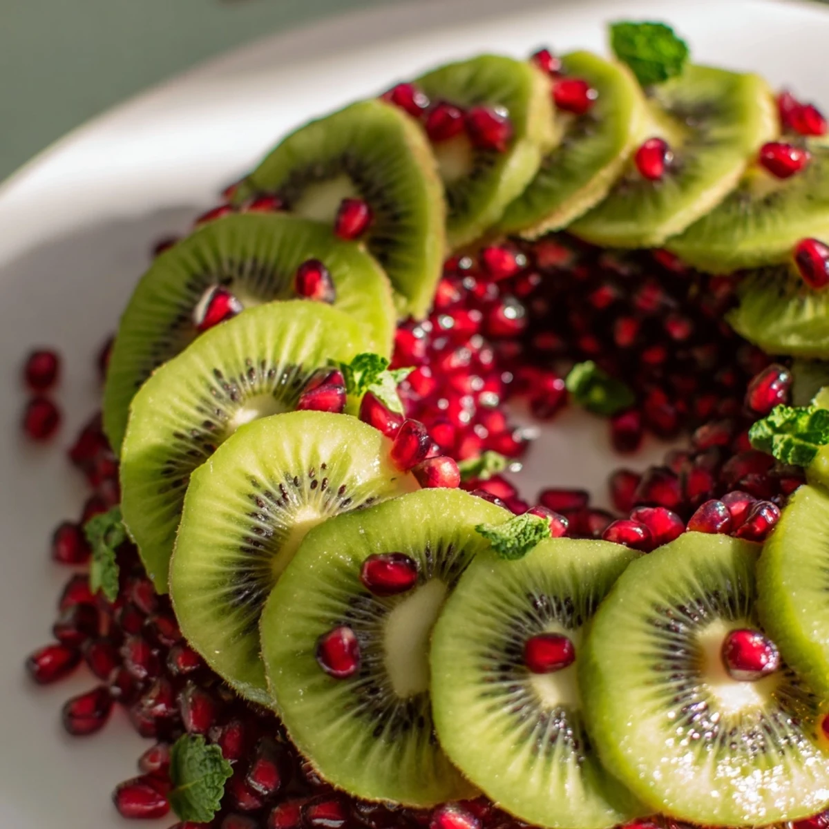 A stunning fruit display: A beautiful Kiwi and Pomegranate Christmas Wreath ready to serve, perfect for a festive appetizer.