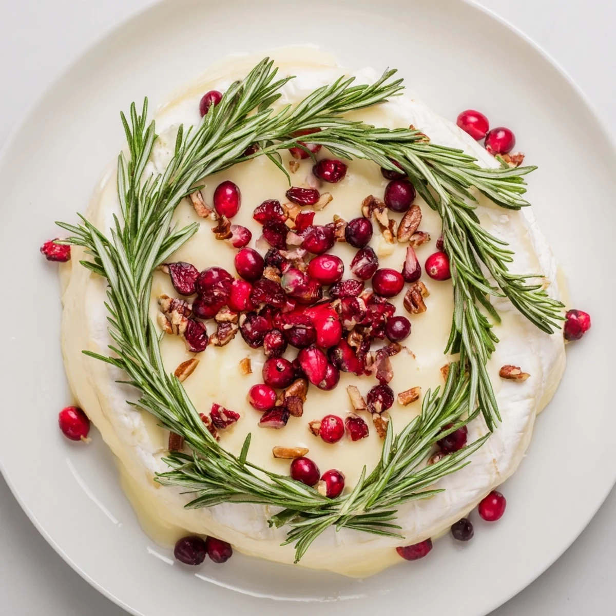 Festive Brie Cheese Wheel with Rosemary Wreath: imagine a soft cheese appetizer adorned with fresh garnishes.