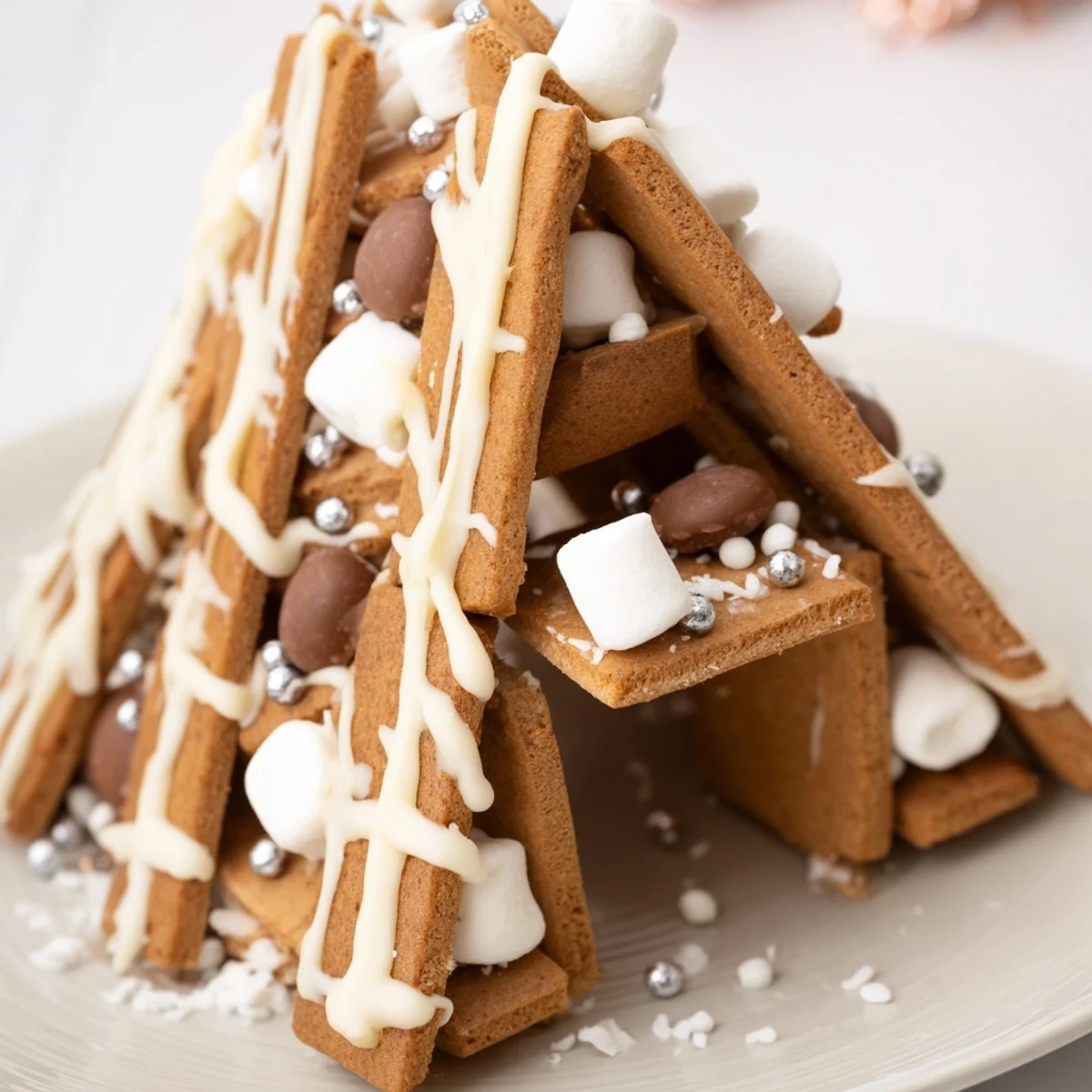 Detailed gingerbread house frame, beautifully iced, displaying an array of tasty holiday treats arranged attractively.