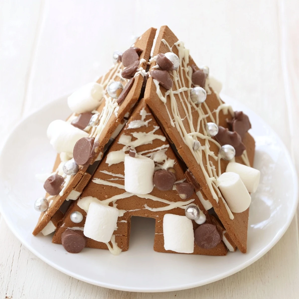 Festive gingerbread house frame, filled with candies, looks ready to serve, a welcoming dessert for the holidays.